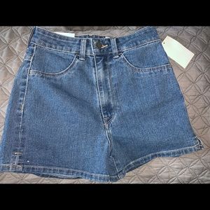 High waisted blue denim shorts